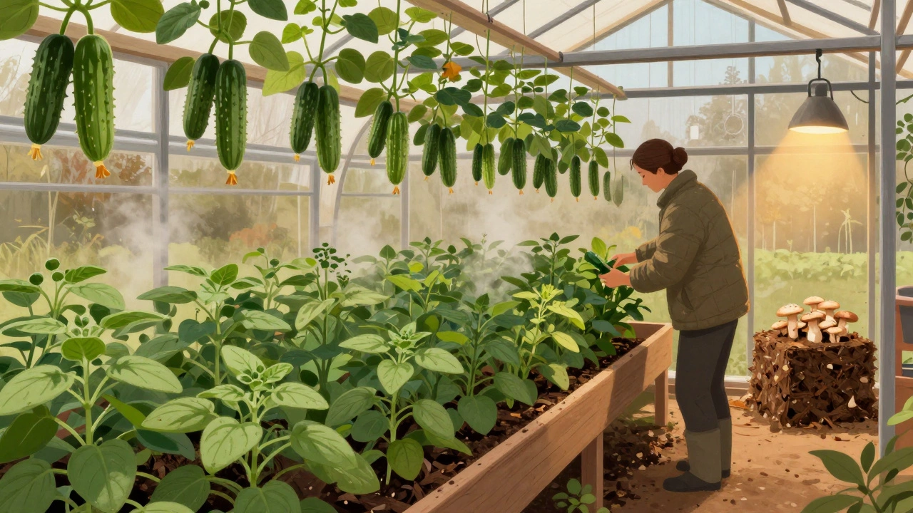 Внутренний вид теплицы осенью: огурцы и зелень, компост для грибов в углу, работник собирает урожай.