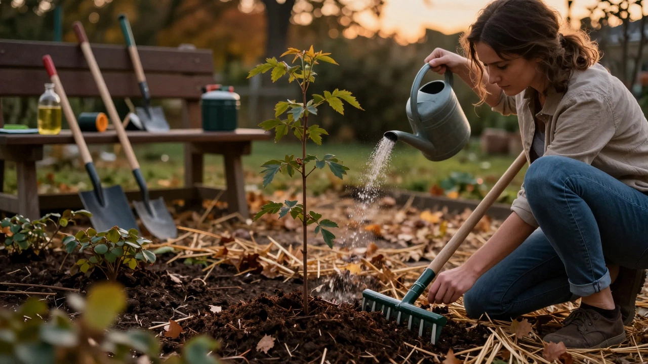 Женщина мульчирует розы осенью, рядом — поливаемое дерево и чистящиеся инструменты на скамье.