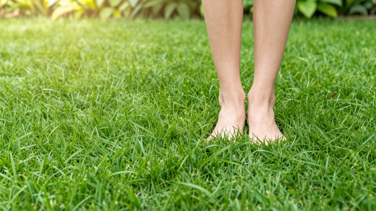 Босые ноги, утопающие в густой и здоровой зеленой траве