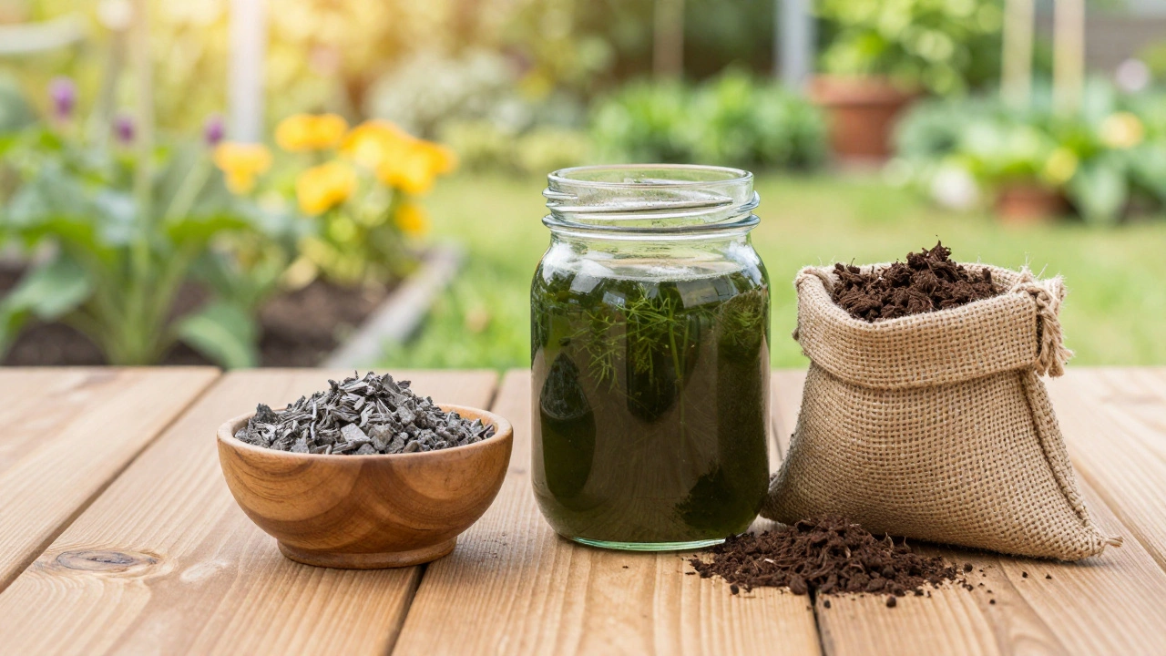 Древесная зола, настой крапивы и биогумус на деревянном столе