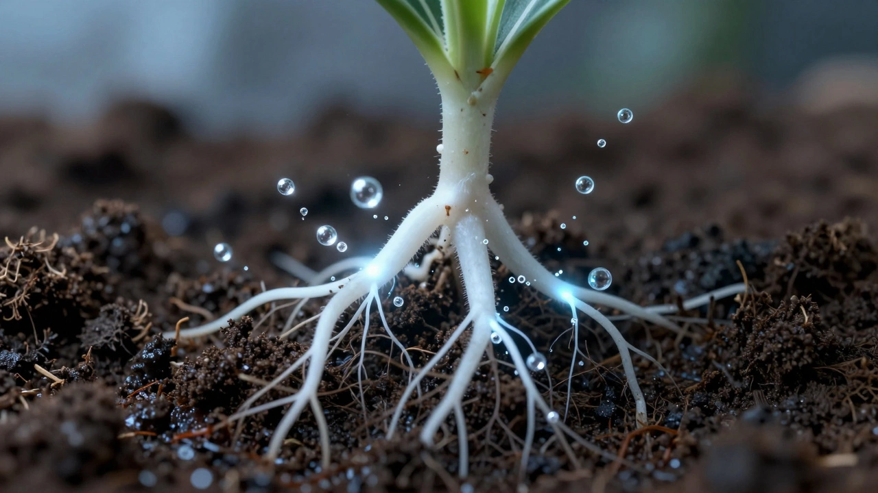 Макросъемка пузырьков кислорода вокруг корней растения в почве