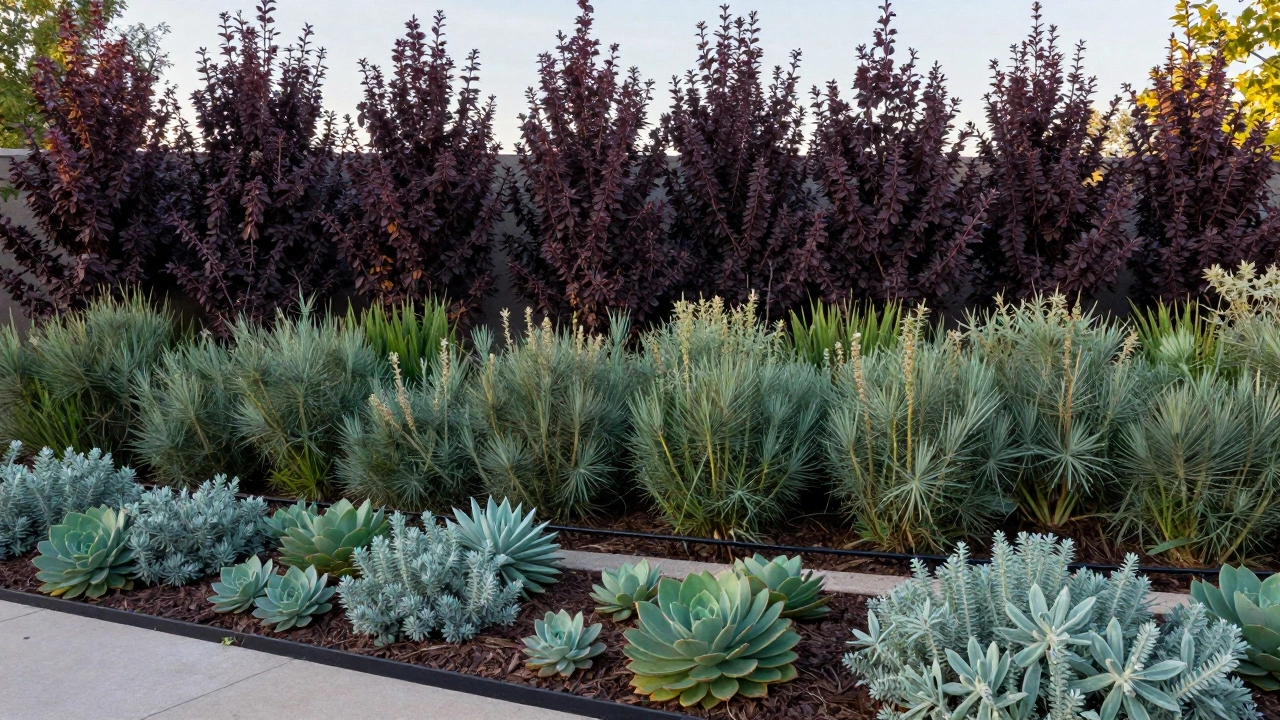 Многоуровневая композиция из солнцелюбивых кустарников в саду