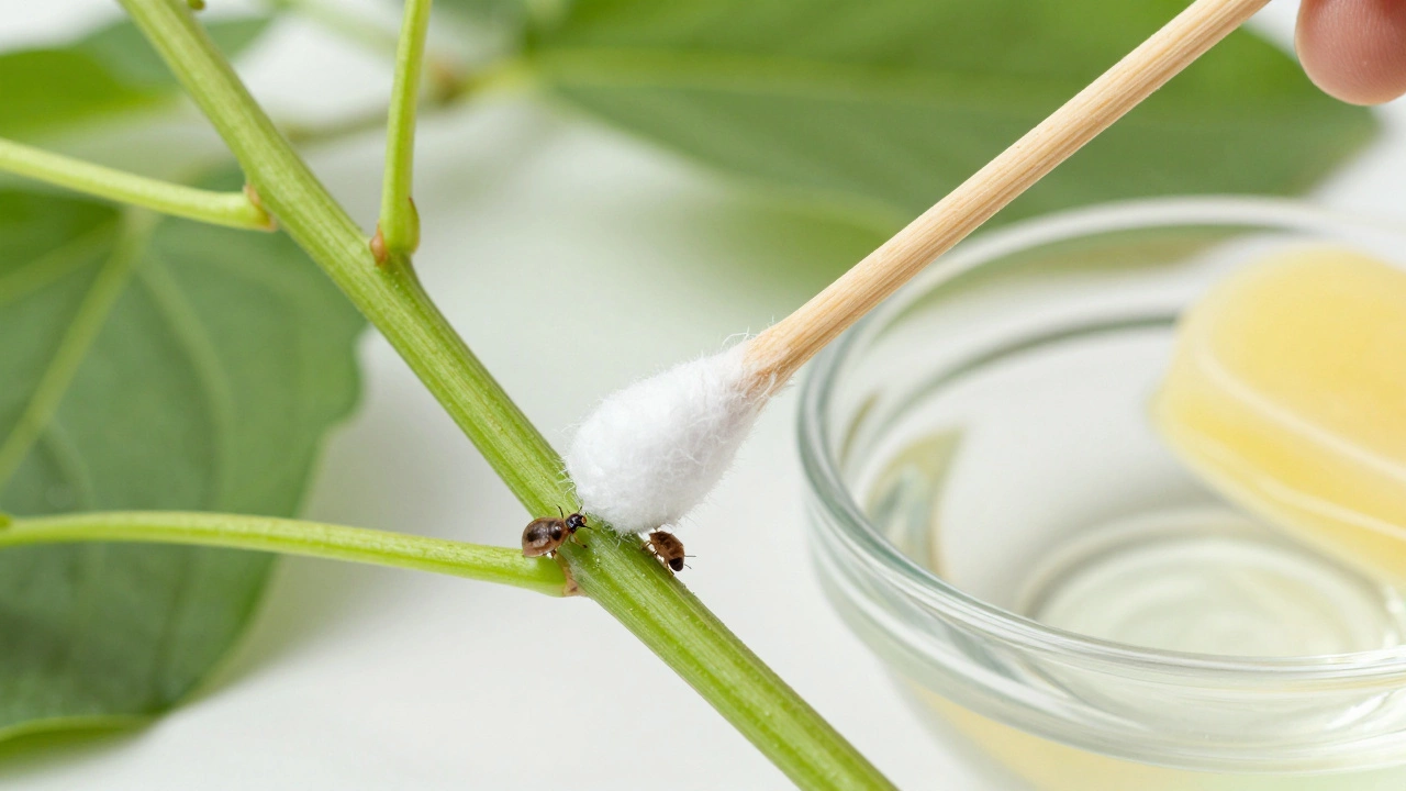 Очистка стебля растения от щитовки с помощью ватной палочки и раствора