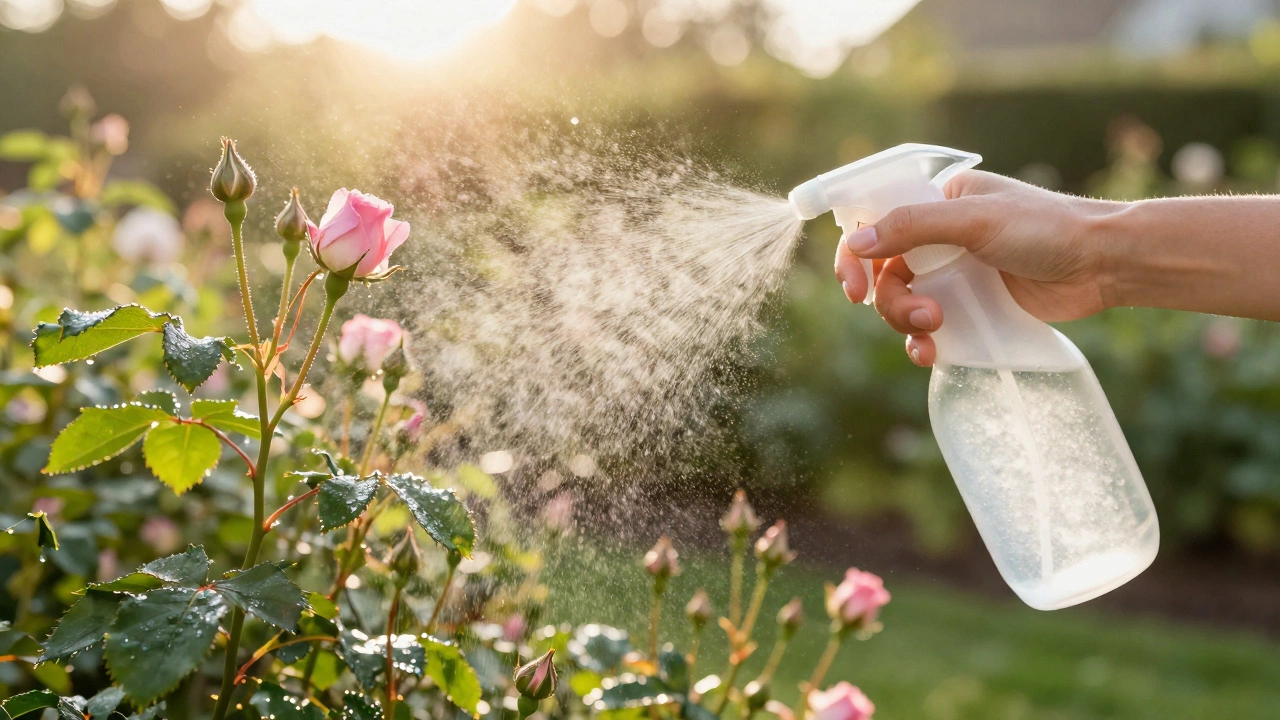 Опрыскивание куста роз раствором перекиси водорода в саду