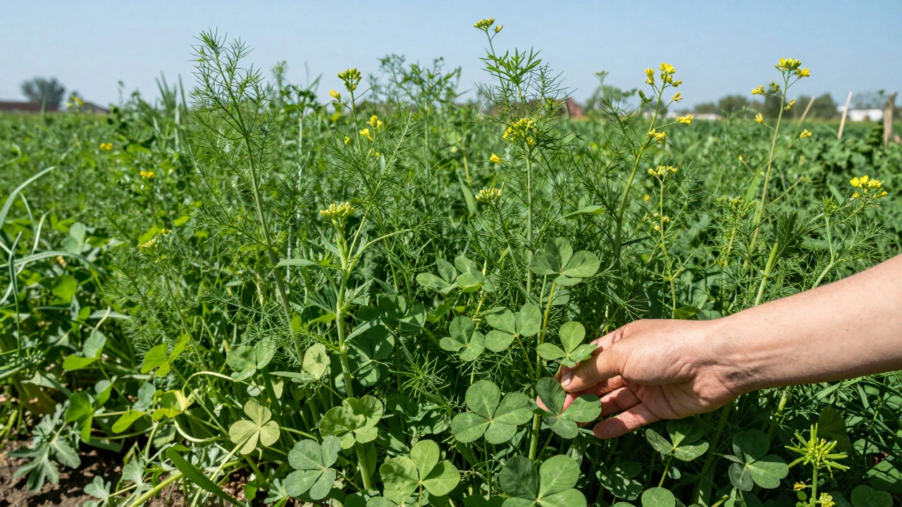 Поле зеленых сидератов в цветущем огороде