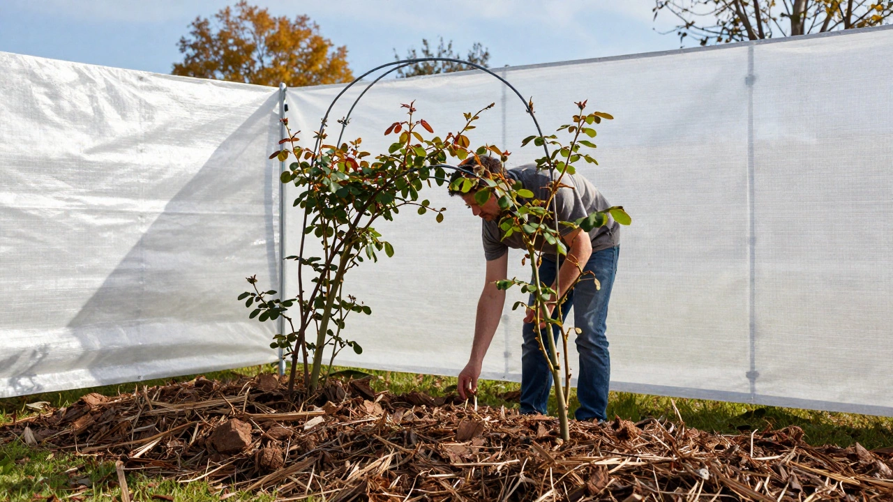Правильное укрытие розы с окучиванием торфом и использованием спанбонда на дугах