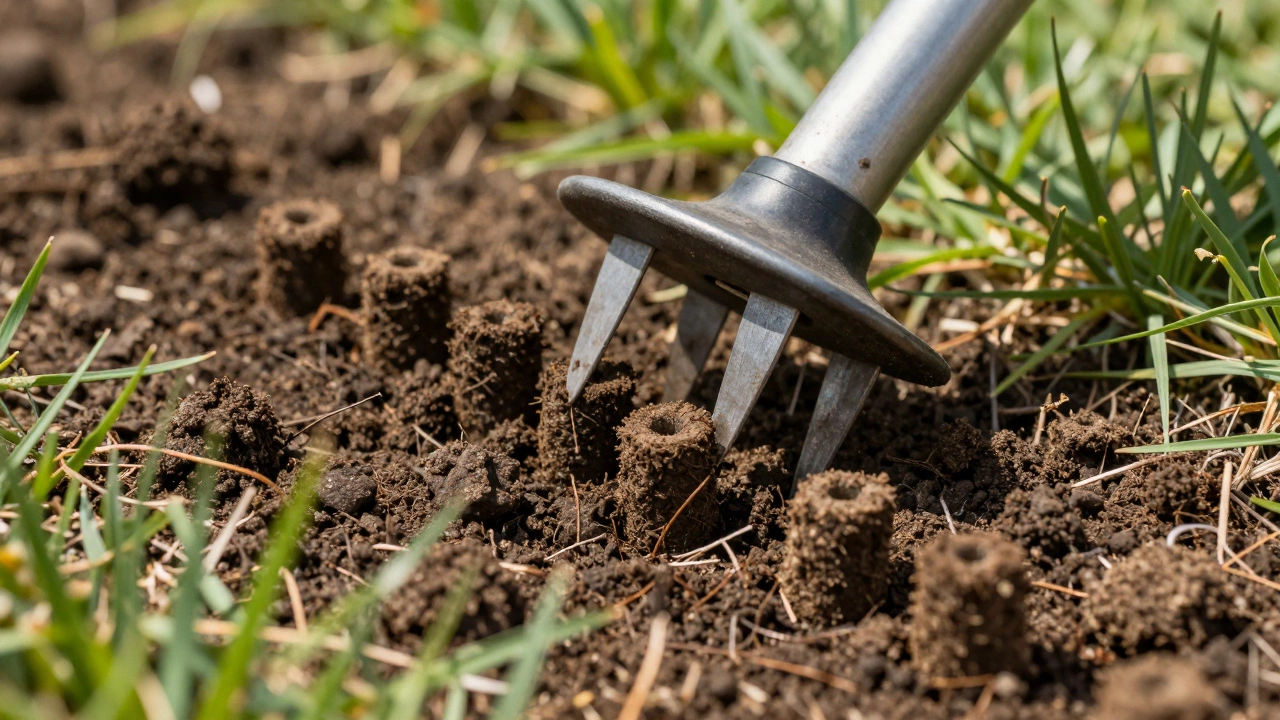 Процесс механической аэрации почвы с помощью специального инструмента