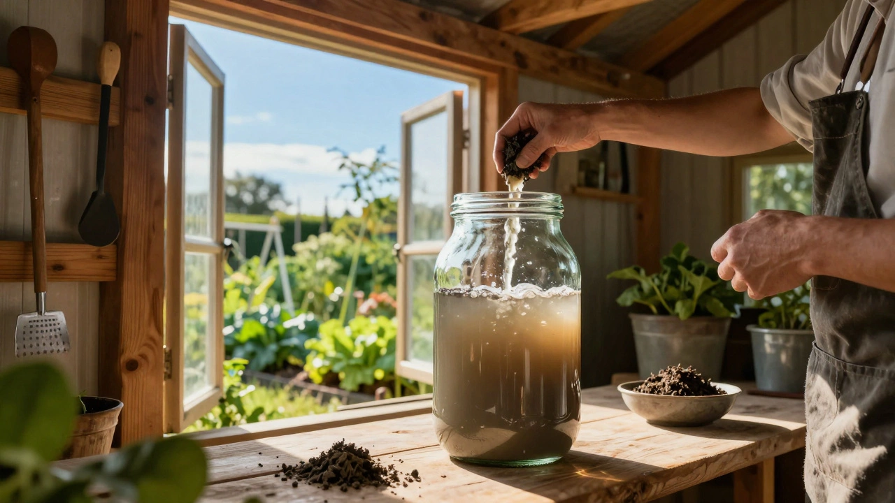 Процесс приготовления жидкого зольного настоя в стеклянной банке в садовом сарае
