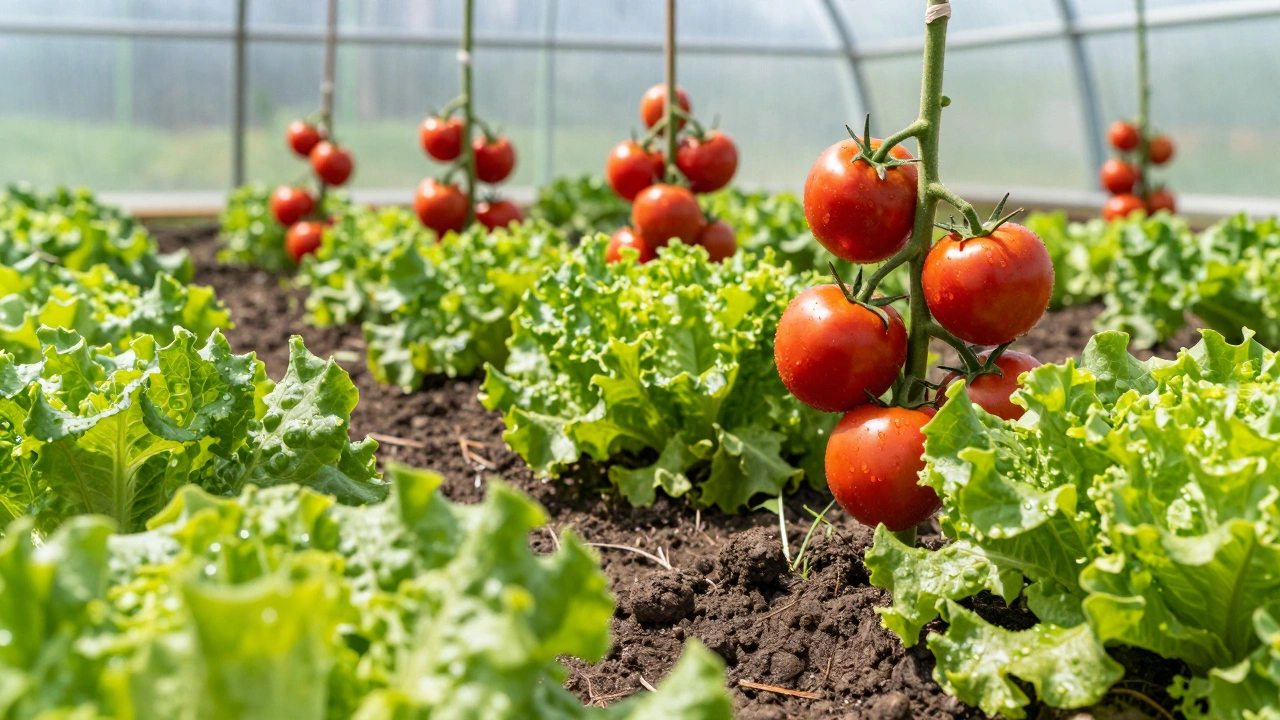 Ряды спелых томатов и зелени на плодородных грядках огорода