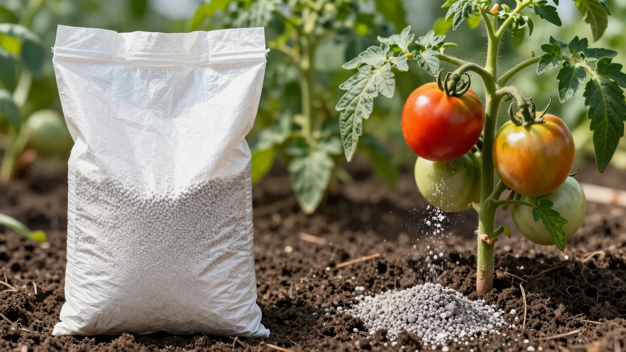 Рука рассыпает натуральную древесную золу под кустом томатов в огороде