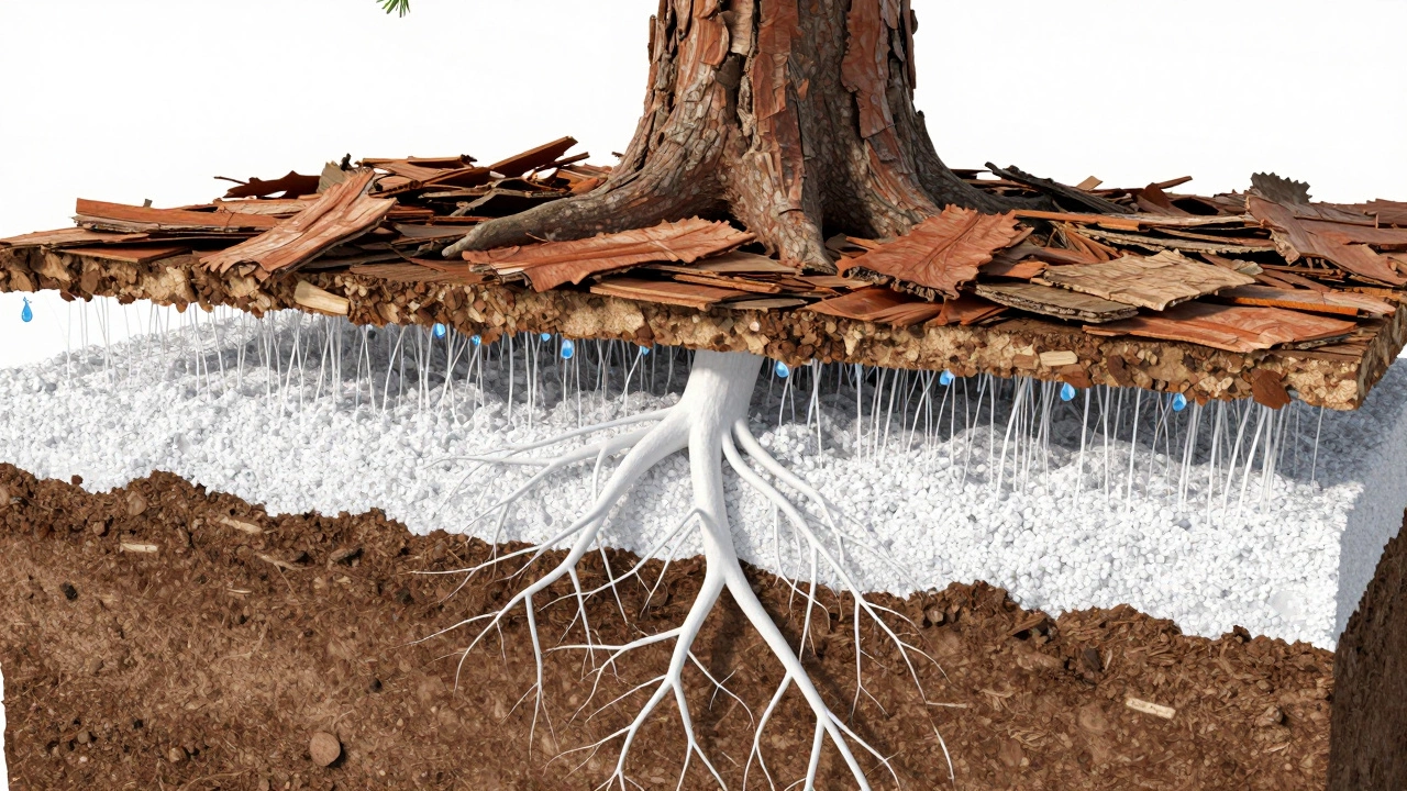 Схема слоев удобрений и мульчи в почве вокруг корней дерева