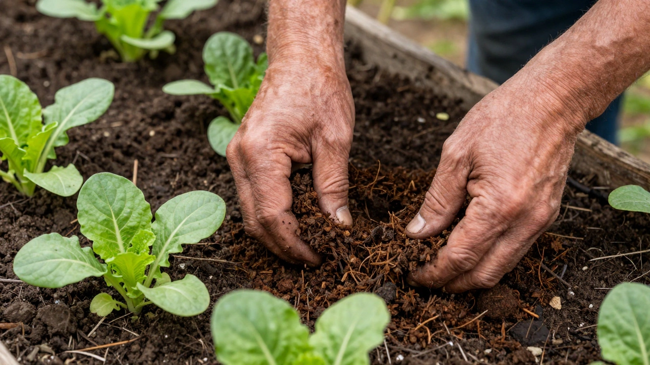 Смешивание темного компоста с почвой вокруг рассады