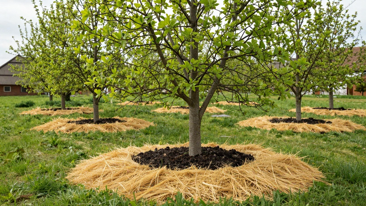 Вид на ухоженный сад с замульчированными приствольными кругами