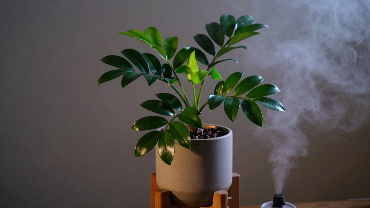 Здоровый замиокулькас в интерьере с работающим увлажнителем воздуха