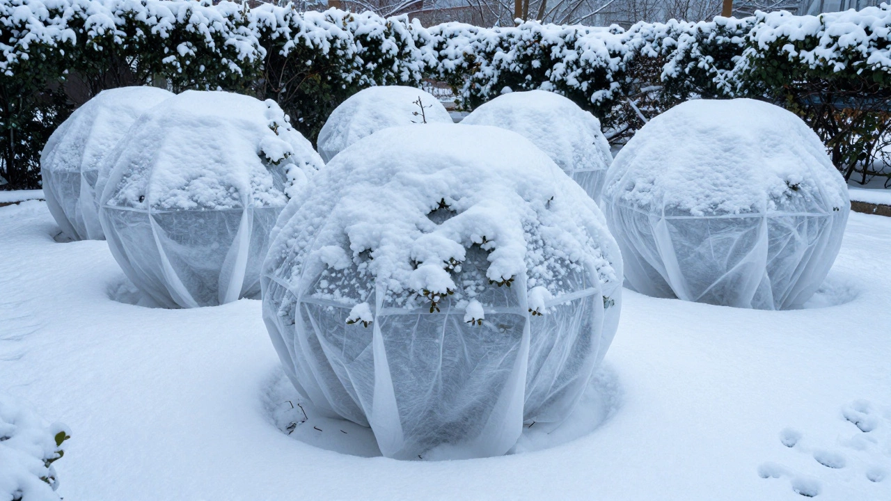 Зимний сад с розами, укрытыми агроволокном и занесенными снегом